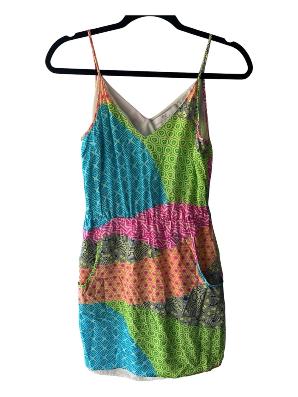 Amanda Uprichard Women’s P/S Multicolor Geometric Silk Mini Dress Patchwork Boho - Picture 2 of 8